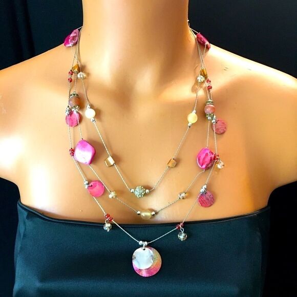 Bundle Sale 3 for $15 | Multi-Strand Necklace | Pink and Beige Accents - Picture 1 of 9